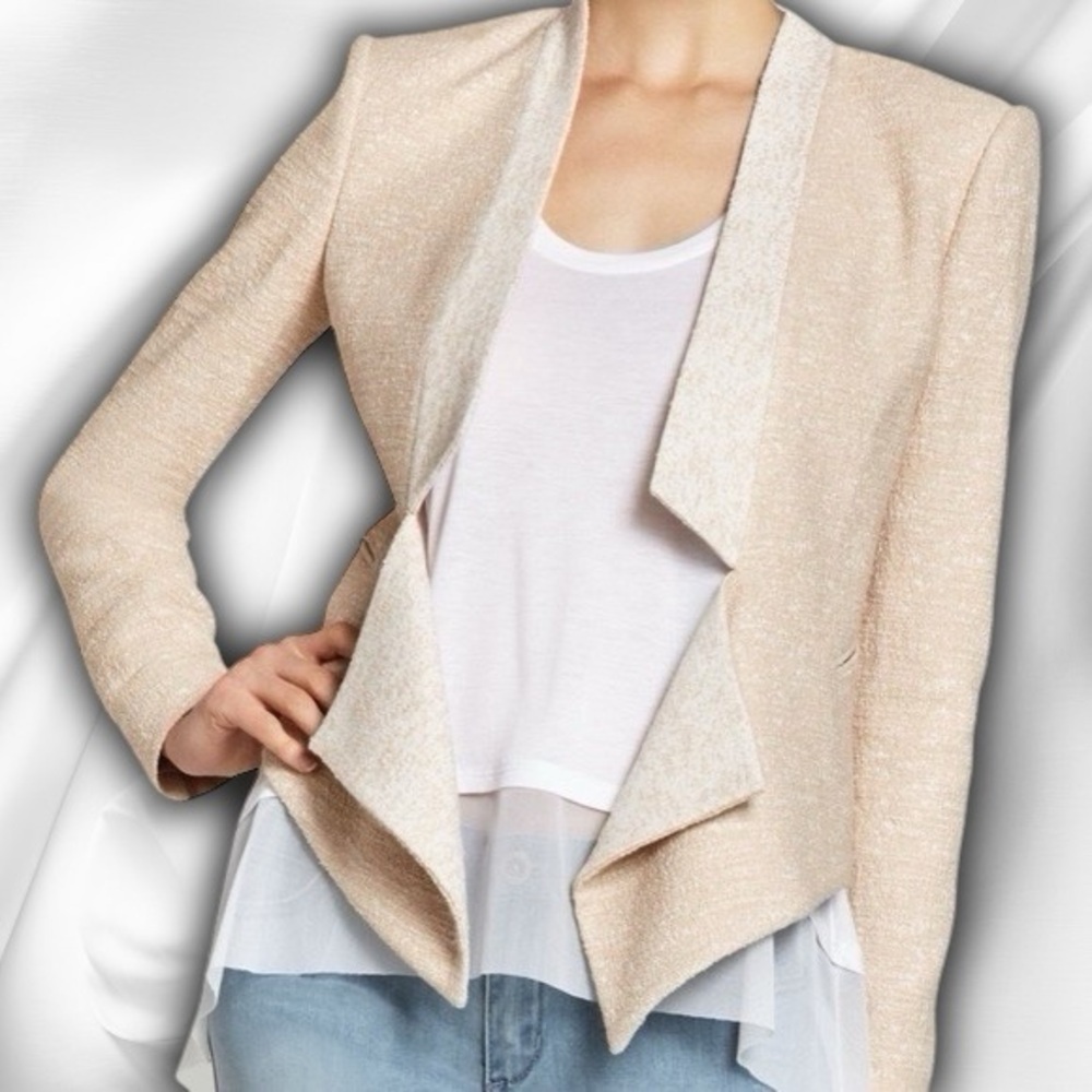 BCBGMaxAzria ‘Candice’ Open-Front Draped Boucle Blazer in “Powder Beige” Size M